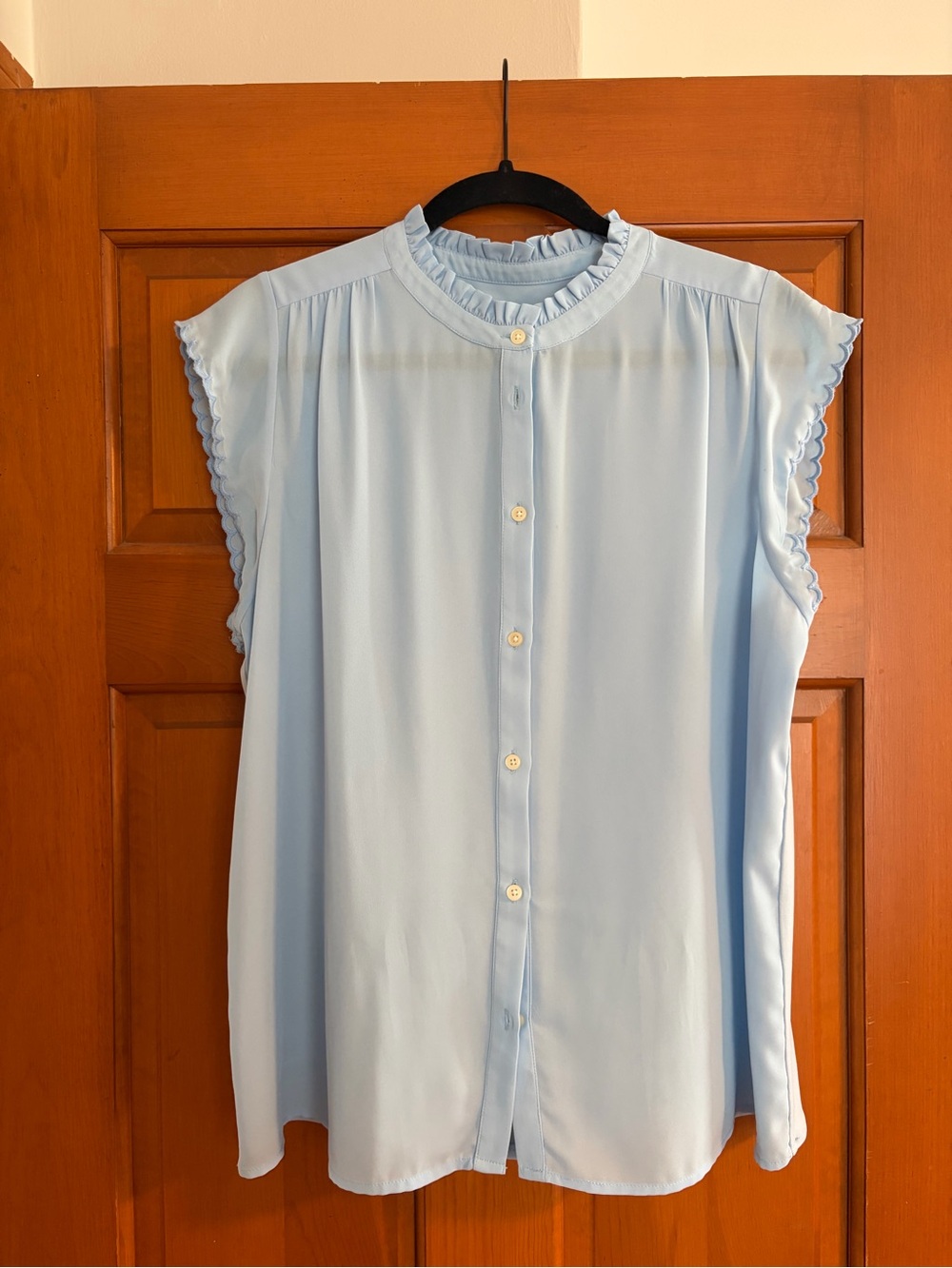 Light Blue Ruffle Trim Cap-Sleeve Blouse - Women